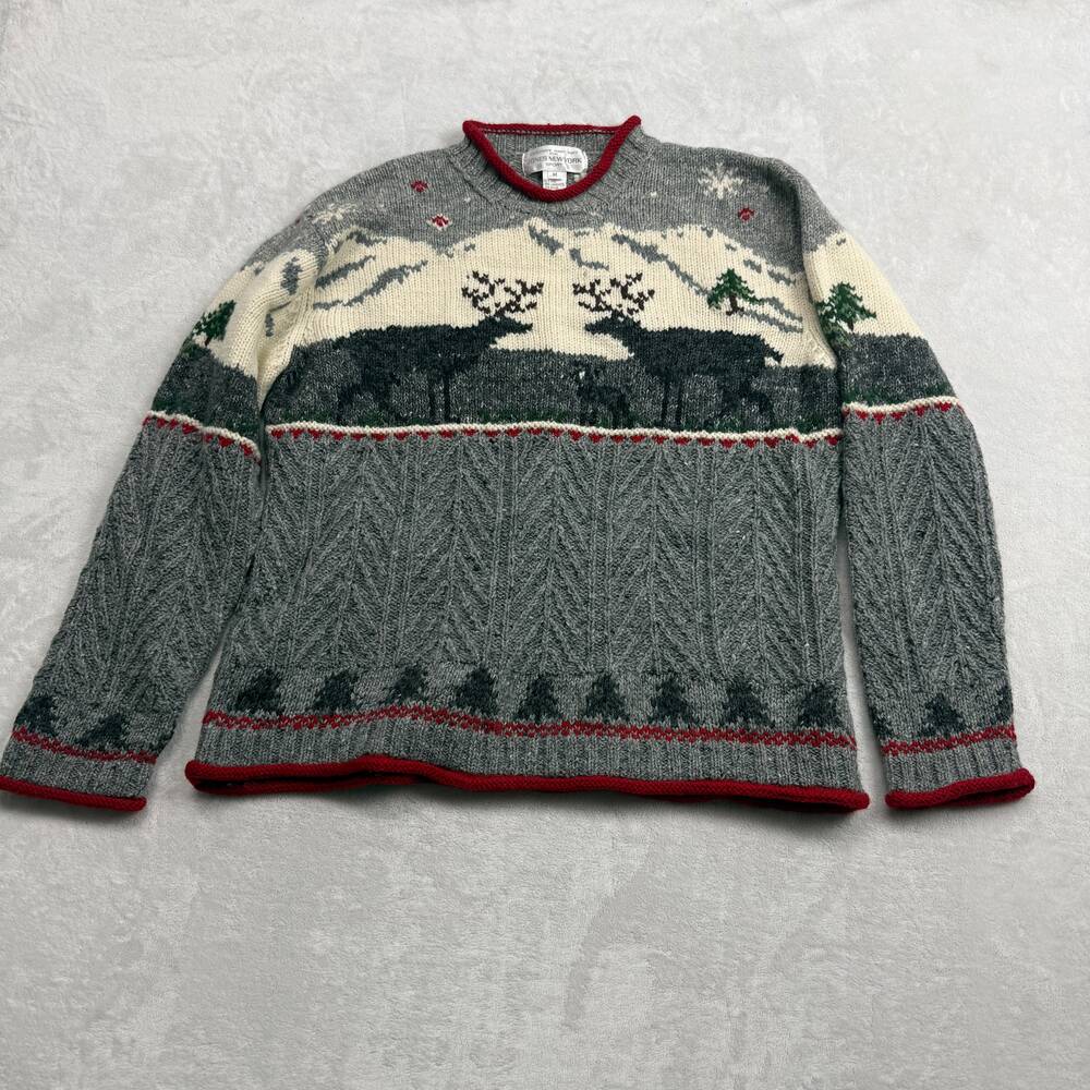 Jones New York Sport Women's Sweater Grey Size M Hand Knit Wool Deer Christmas